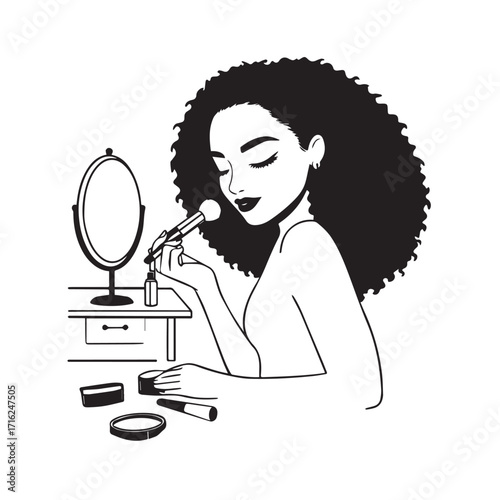 Black and white line art of a beautiful woman doing makeup at dressing table with mirror illustration
