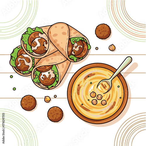 An overhead illustration shows falafel wraps with lettuce and sauce, alongside hummus with chickpeas and a spoon.