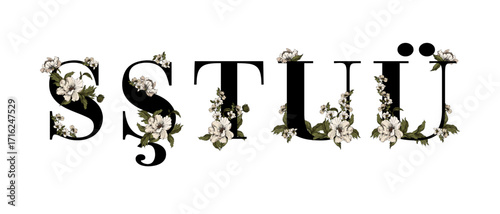 Set of flower alphabet. Collection of stylized floral letters and numbers with botany elements. Wedding font. Vector illustration of spring font for postcards.