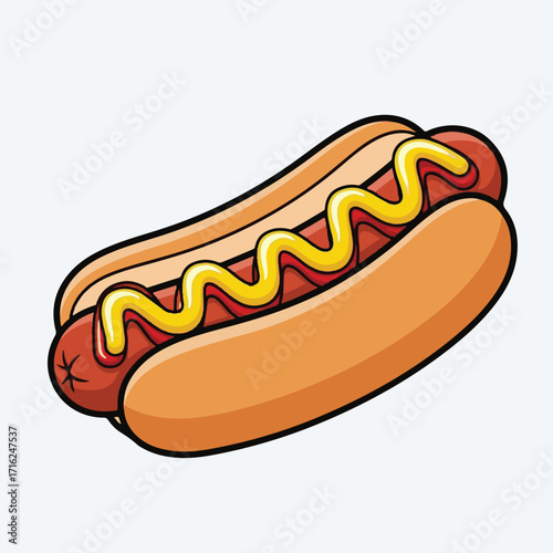 Cartoon illustration of a hot dog with a sausage in a bun topped with yellow mustard.