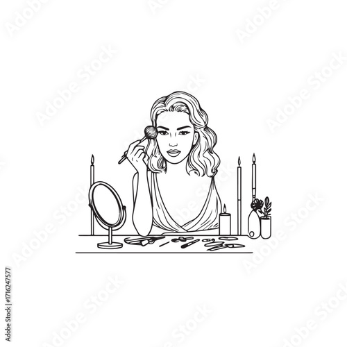 Black and white line art of a beautiful woman doing makeup at dressing table with mirror illustration
