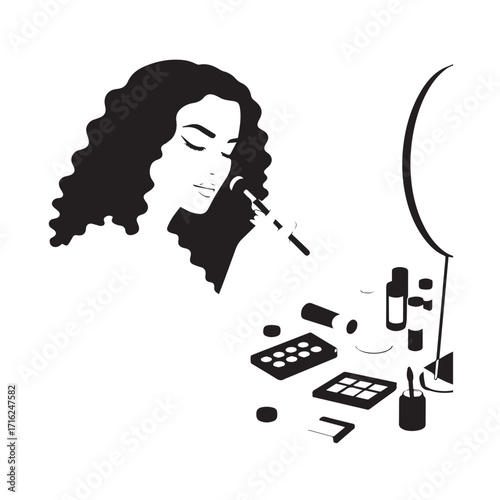Black and white line art of a beautiful woman doing makeup at dressing table with mirror illustration
