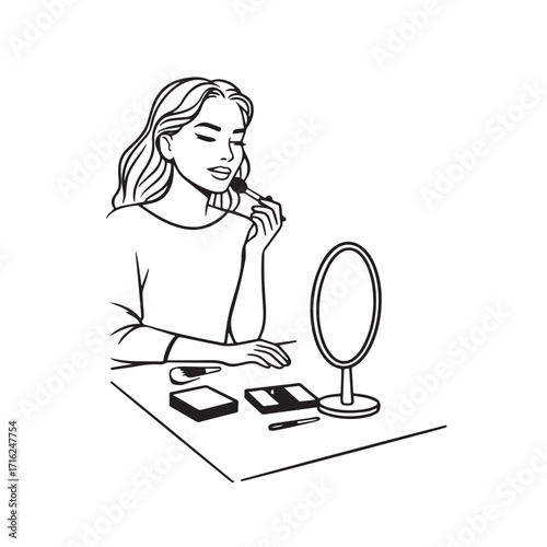 Black and white line art of a beautiful woman doing makeup at dressing table with mirror illustration
