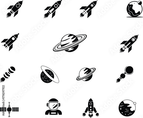 Space icons set, rocket, planet, satellite, astronaut, Earth, Saturn, Mars, galaxy, space exploration, outer space, cosmic symbols, vector illustration, flat design, science fiction, in