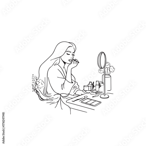 Black and white line art of a beautiful woman doing makeup at dressing table with mirror illustration
