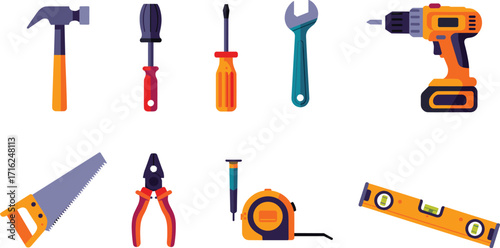 Hand tools, hammer, screwdriver, wrench, drill, saw, pliers, tape measure, level tool, construction, DIY, repair, maintenance, toolbox, hardware, manual tools, home improvement, building, carpentry, v