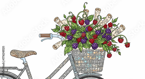 Bicycle with basket full of berries and scrolls isolated on white background