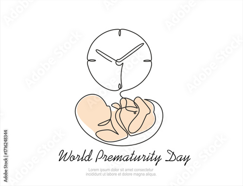 Continuous one line drawing of  embryo is connected by an umbilical cord to the clock. Premature birth. Premature baby. World Prematurity Day. Hand drawn one line vector. Editable stroke	