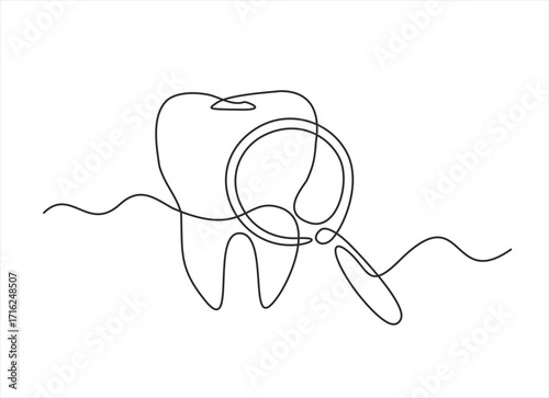 Continuous one line drawing of tooth and magnifying glass. Dental Checkup concept. Hand drawn one line vector. Editable stroke