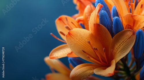 Close-Up of Vibrant Orange and Blue Flowers with Water Droplets
