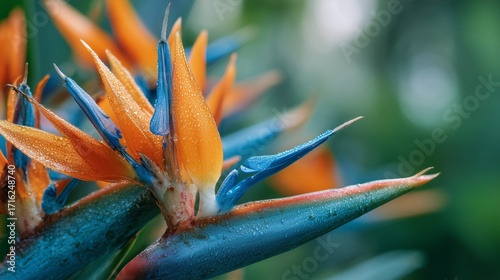Close-Up of Bird of Paradise Flower with Dew Drops
