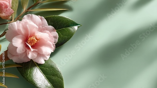 Soft Pink Camellia Flower with Green Leaves on Pastel Background
