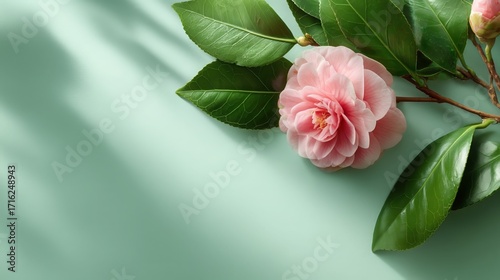 Soft Pink Camellia Flower with Green Leaves on Pastel Background
