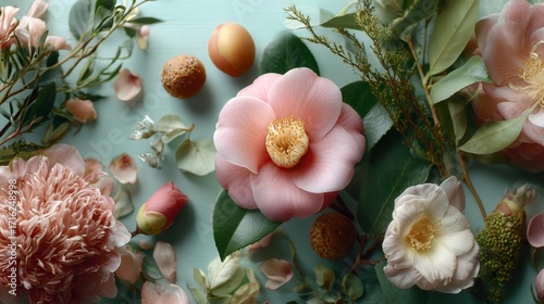 Soft Pink Camellia Flower with Green Leaves on Pastel Background
