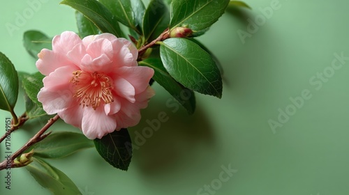 Soft Pink Camellia Flower with Green Leaves on Pastel Background
