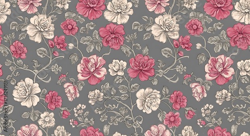 Floral pattern with pink and white roses on a gray background