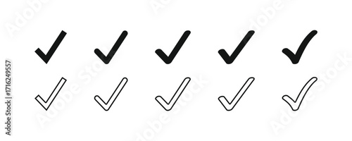 Vector check mark icon set. A collection of black symbols in solid and outline styles for approval, done, and correct signs