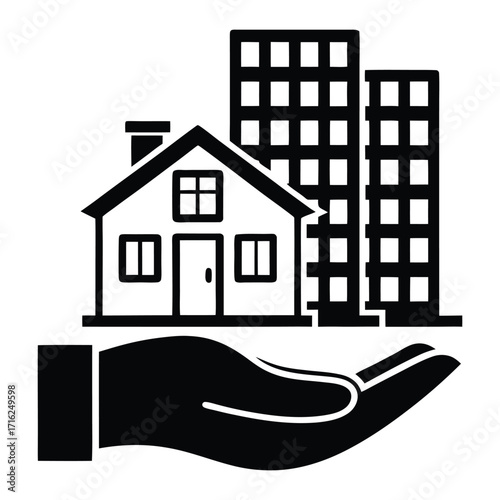 Real estate property management icon hand holding house and buildings for service Real 