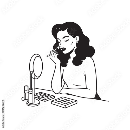 Black and white line art of a beautiful woman doing makeup at dressing table with mirror illustration
