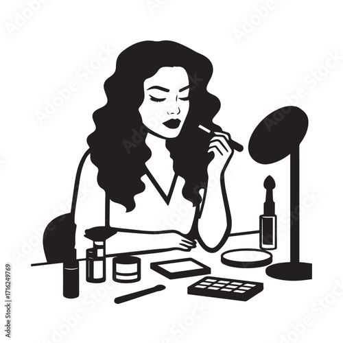 Black and white line art of a beautiful woman doing makeup at dressing table with mirror illustration
