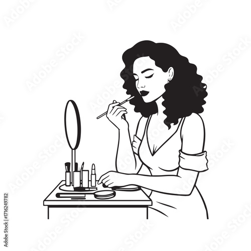 Black and white line art of a beautiful woman doing makeup at dressing table with mirror illustration
