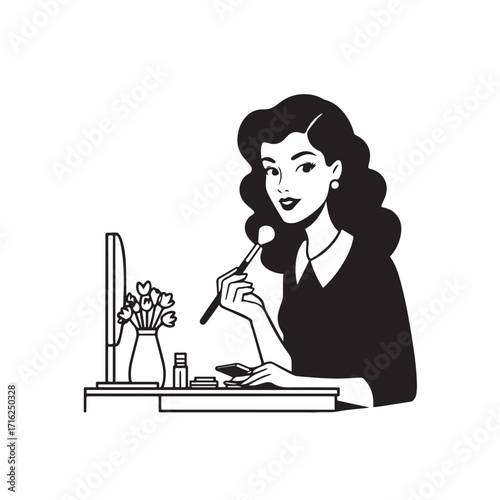 Black and white line art of a beautiful woman doing makeup at dressing table with mirror illustration
