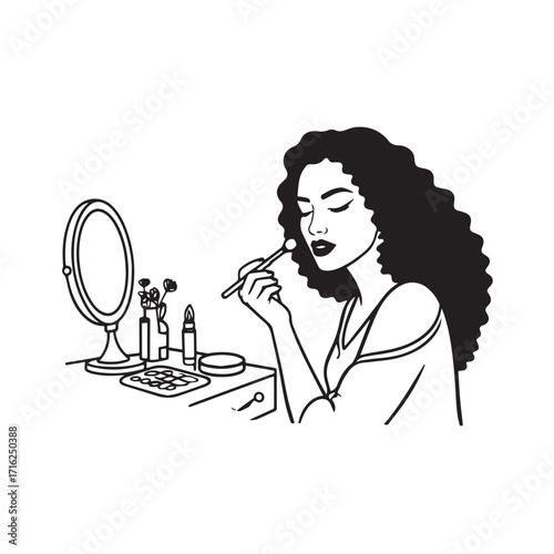 Black and white line art of a beautiful woman doing makeup at dressing table with mirror illustration

