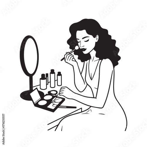 Black and white line art of a beautiful woman doing makeup at dressing table with mirror illustration
