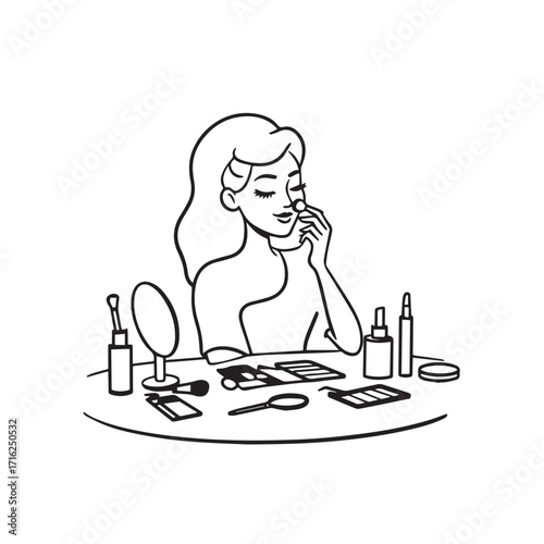 Black and white line art of a beautiful woman doing makeup at dressing table with mirror illustration
