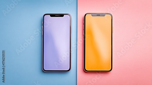Two modern smartphones with colorful screens on a split blue and pink background, top-down view.