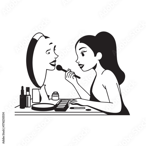 Black and white line art of a beautiful woman doing makeup at dressing table with mirror illustration
