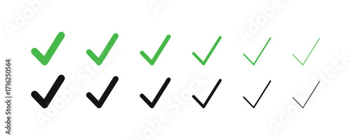 Versatile vector check mark icon set. A collection of bold and thin green and black symbols for success, confirmation, and approval signs