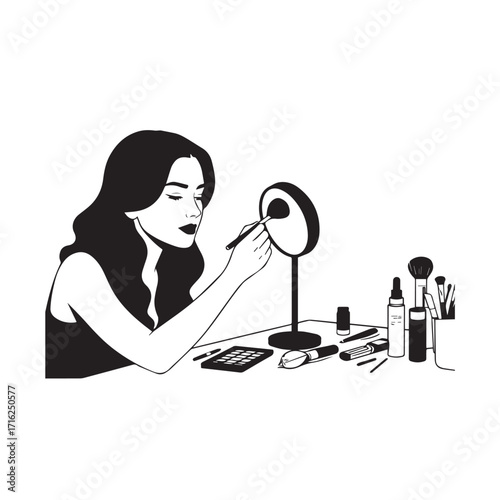 Black and white line art of a beautiful woman doing makeup at dressing table with mirror illustration
