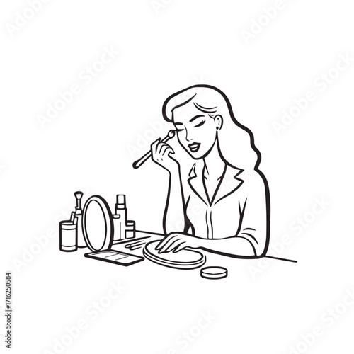 Black and white line art of a beautiful woman doing makeup at dressing table with mirror illustration
