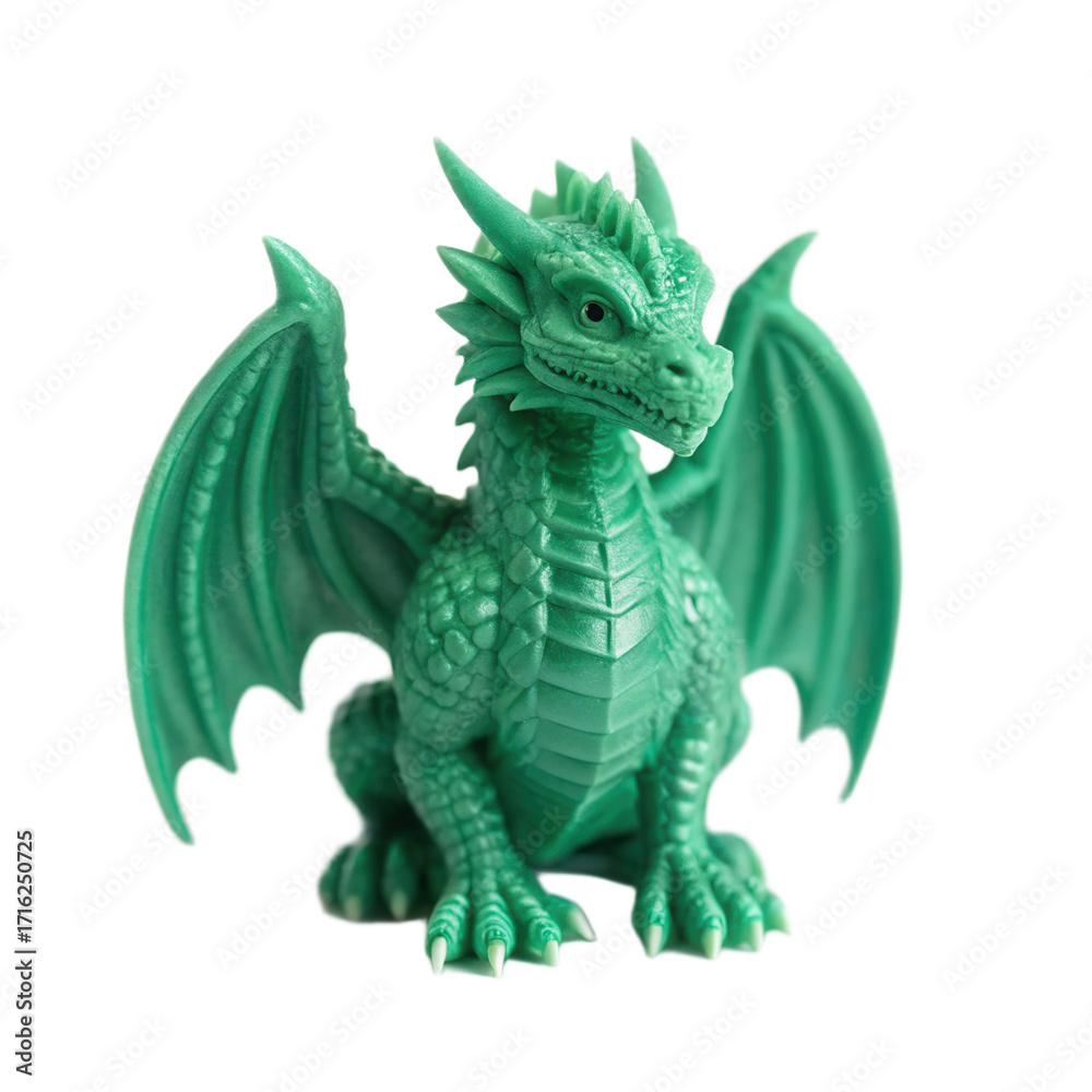 Fototapeta premium Vibrant green dragon figurine with detailed scales and wings stands proudly against transparent background, evoking sense of fantasy and adventure
