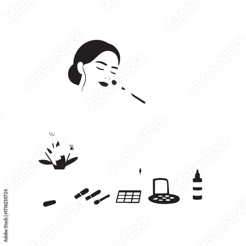 Black and white line art of a beautiful woman doing makeup at dressing table with mirror illustration
