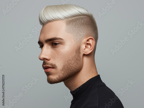 Barbershop model with stylish white haircut
