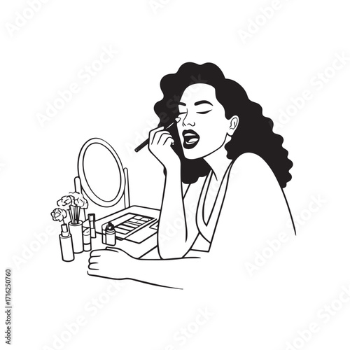 Black and white line art of a beautiful woman doing makeup at dressing table with mirror illustration
