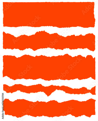 Set of  red strips torn paper with ripped edges texture isolated for message background and note clipart.	