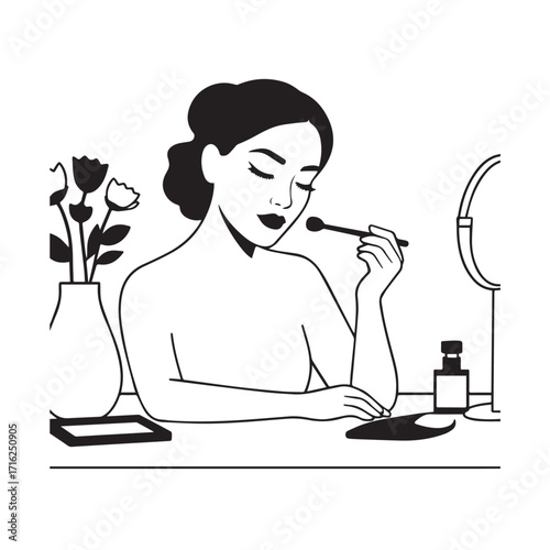 Black and white line art of a beautiful woman doing makeup at dressing table with mirror illustration
