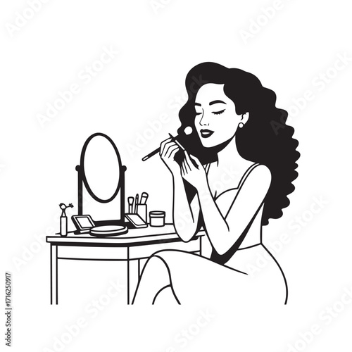 Black and white line art of a beautiful woman doing makeup at dressing table with mirror illustration
