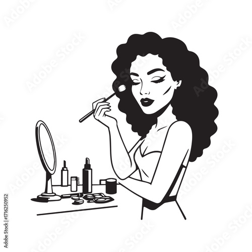 Black and white line art of a beautiful woman doing makeup at dressing table with mirror illustration
