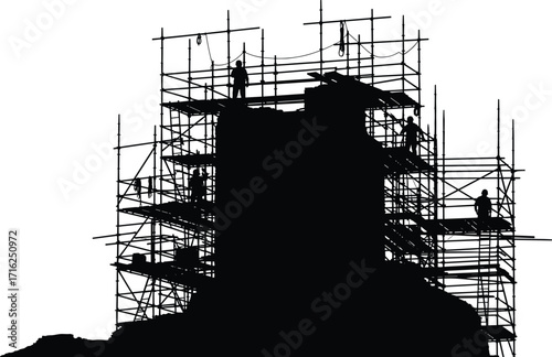 silhouette, scaffold, worker, structure, restoration, construction, site, platform, bar, rope, vector, black, icon, design, architecture, project, engineering, framework, labor, building