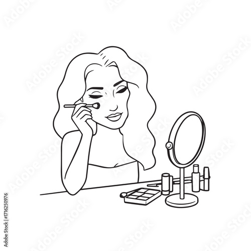 Black and white line art of a beautiful woman doing makeup at dressing table with mirror illustration
