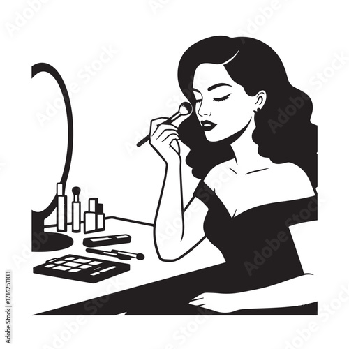 Black and white line art of a beautiful woman doing makeup at dressing table with mirror illustration
