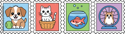 Cute stamp collection featuring adorable pets dog cat fish and hamster in colorful frames