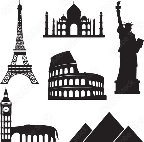 Iconic landmarks travel collage black silhouette collection