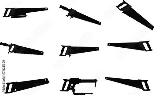 silhouette, saw, tool, handsaw, powersaw, blade, cut, wood, metal, carpentry, construction, equipment, vector, black, icon, design, hardware, mechanic, workshop, craft