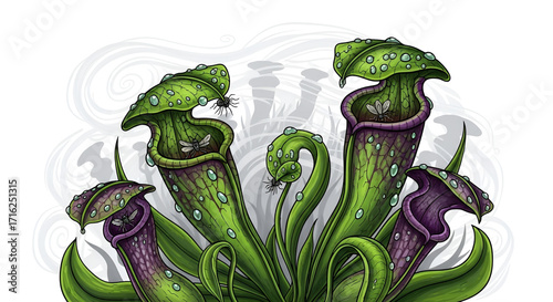 Carnivorous plant with water drops isolated on white background illustration