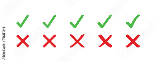 Vector icon set of green check marks and red crosses. Perfect for showing correct or incorrect, approval or rejection. Ideal for UI, web, and app design